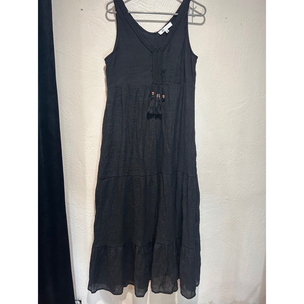 Fever Womens Black Tiered Maxi Dress V-Neck Tassel Boho Sleeveless Size L‎